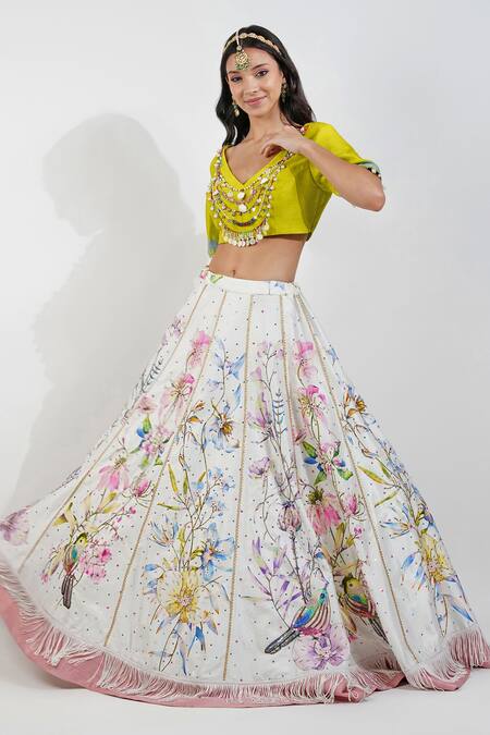 Devyani Mehrotra Ivory Silk, Chiffon Sequins, Beads, Embroidery Summer Floral Print Lehenga Set Online at Aza Fashions Devyani Mehrotra_Ivory Silk, Chiffon Sequins, Beads, Embroidery Summer Floral Print Lehenga Set_Online_at_Aza_Fashions