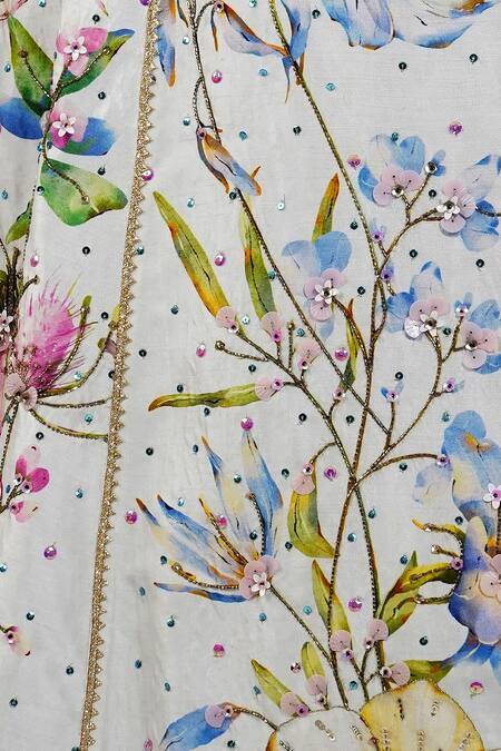 Shop Devyani Mehrotra Ivory Silk, Chiffon Sequins, Beads, Embroidery Summer Floral Print Lehenga Set Online at Aza Fashions Shop_Devyani Mehrotra_Ivory Silk, Chiffon Sequins, Beads, Embroidery Summer Floral Print Lehenga Set_Online_at_Aza_Fashions