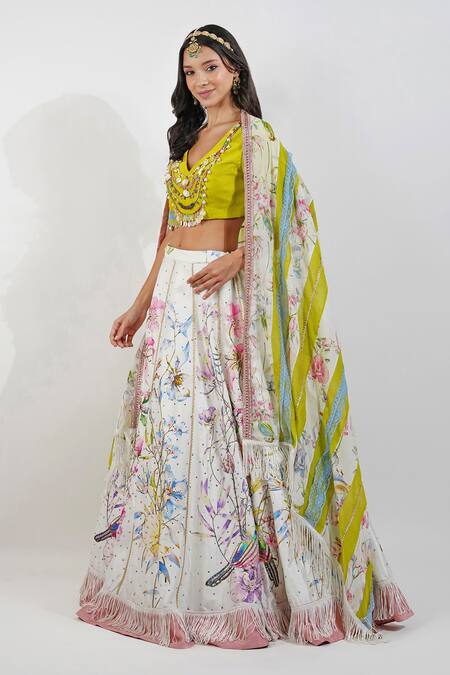 Devyani Mehrotra Ivory Silk, Chiffon Sequins, Beads, Embroidery Summer Floral Print Lehenga Set at Aza Fashions Devyani Mehrotra_Ivory Silk, Chiffon Sequins, Beads, Embroidery Summer Floral Print Lehenga Set_at_Aza_Fashions