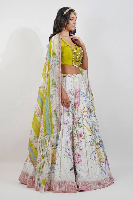 Buy Devyani Mehrotra Ivory Silk, Chiffon Sequins, Beads, Embroidery Summer Floral Print Lehenga Set Buy_Devyani Mehrotra_Ivory Silk, Chiffon Sequins, Beads, Embroidery Summer Floral Print Lehenga Set