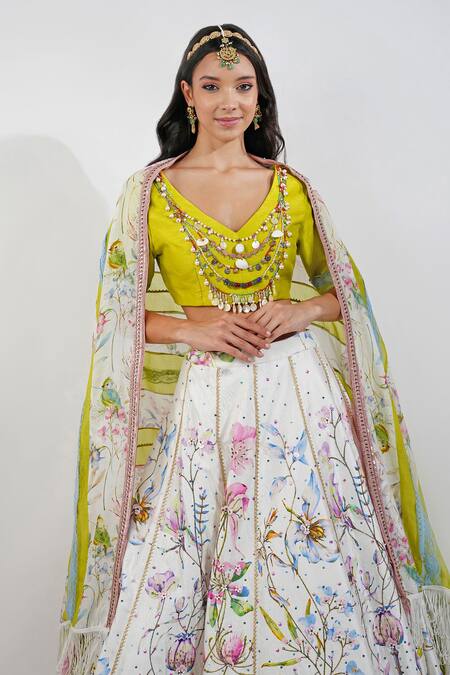 Shop Devyani Mehrotra Ivory Silk, Chiffon Sequins, Beads, Embroidery Summer Floral Print Lehenga Set Shop_Devyani Mehrotra_Ivory Silk, Chiffon Sequins, Beads, Embroidery Summer Floral Print Lehenga Set