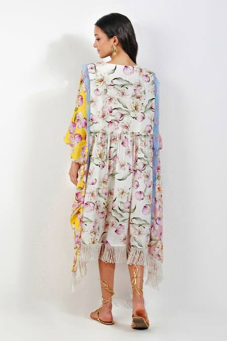 Shop Devyani Mehrotra Multi Color Viscose Muslin Printed Floral Keyhole Shabby Panelled Kaftan at Aza Fashions Shop_Devyani Mehrotra_Multi Color Viscose Muslin Printed Floral Keyhole Shabby Panelled Kaftan_at_Aza_Fashions