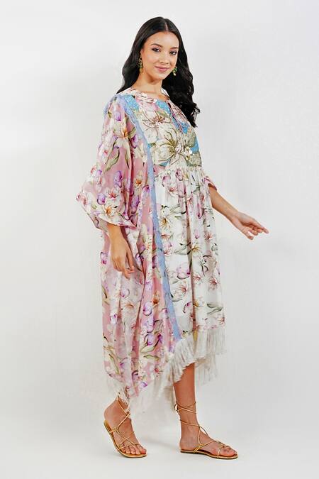 Devyani Mehrotra Multi Color Viscose Muslin Printed Floral Keyhole Shabby Panelled Kaftan Online at Aza Fashions Devyani Mehrotra_Multi Color Viscose Muslin Printed Floral Keyhole Shabby Panelled Kaftan_Online_at_Aza_Fashions