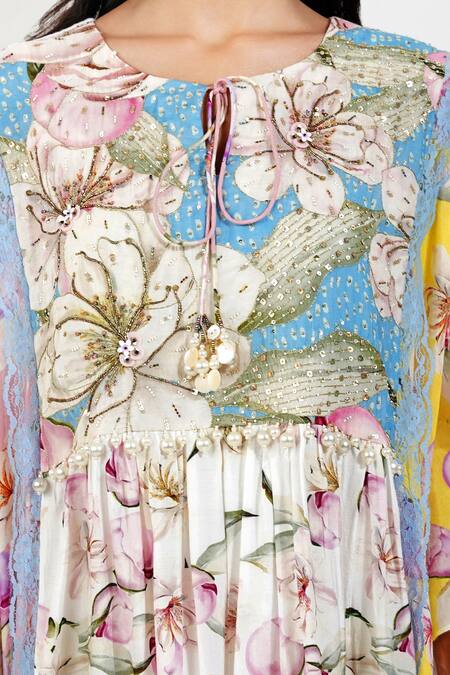 Buy Devyani Mehrotra Multi Color Viscose Muslin Printed Floral Keyhole Shabby Panelled Kaftan Online at Aza Fashions Buy_Devyani Mehrotra_Multi Color Viscose Muslin Printed Floral Keyhole Shabby Panelled Kaftan_Online_at_Aza_Fashions