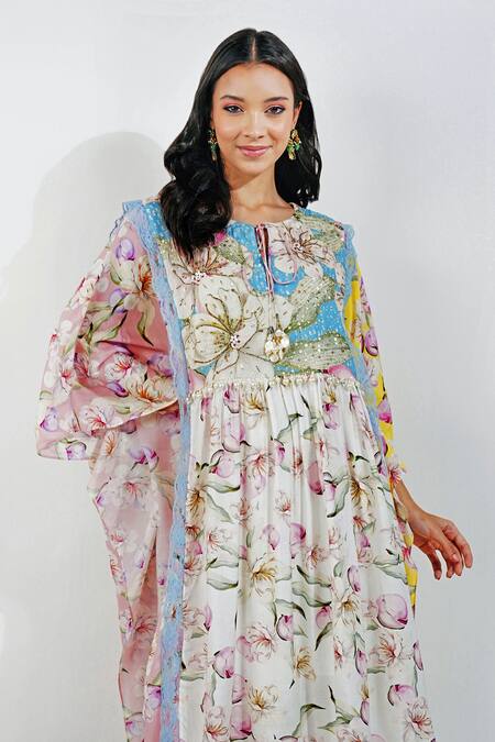 Shop Devyani Mehrotra Multi Color Viscose Muslin Printed Floral Keyhole Shabby Panelled Kaftan Online at Aza Fashions Shop_Devyani Mehrotra_Multi Color Viscose Muslin Printed Floral Keyhole Shabby Panelled Kaftan_Online_at_Aza_Fashions