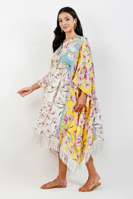 Devyani Mehrotra Multi Color Viscose Muslin Printed Floral Keyhole Shabby Panelled Kaftan at Aza Fashions Devyani Mehrotra_Multi Color Viscose Muslin Printed Floral Keyhole Shabby Panelled Kaftan_at_Aza_Fashions