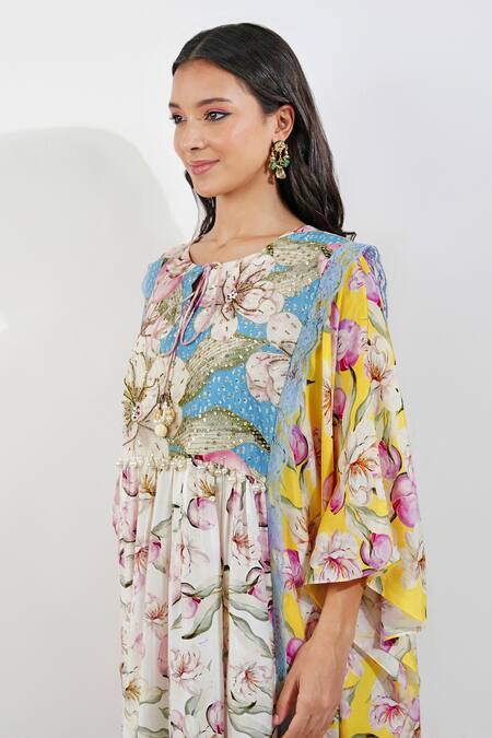Buy_Devyani Mehrotra_Multi Color Viscose Muslin Printed Floral Keyhole Shabby Panelled Kaftan