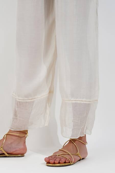 Buy_Devyani Mehrotra_Ivory Chanderi, Viscose Beads Round Flirty Pleats Shabby A Line Tunic And Pant Set_Online_at_Aza_Fashions