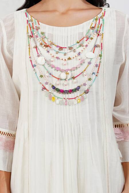 Buy_Devyani Mehrotra_Ivory Chanderi, Viscose Beads Round Flirty Pleats Shabby A Line Tunic And Pant Set
