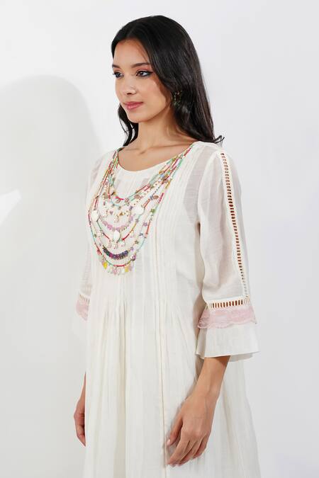 Shop_Devyani Mehrotra_Ivory Chanderi, Viscose Beads Round Flirty Pleats Shabby A Line Tunic And Pant Set