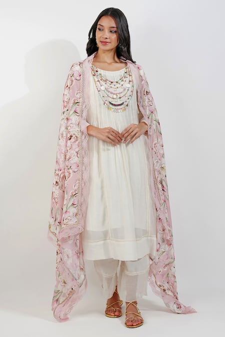 Devyani Mehrotra Ivory Viscose Chiffon Embroidery Flirty Pleats Shabby A Line Tunic Pant Set 