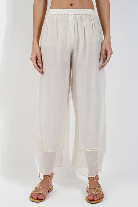 Buy_Devyani Mehrotra_Ivory Chanderi, Viscose Beads Round Flirty Pleats Shabby A Line Tunic Pant Set_Online_at_Aza_Fashions