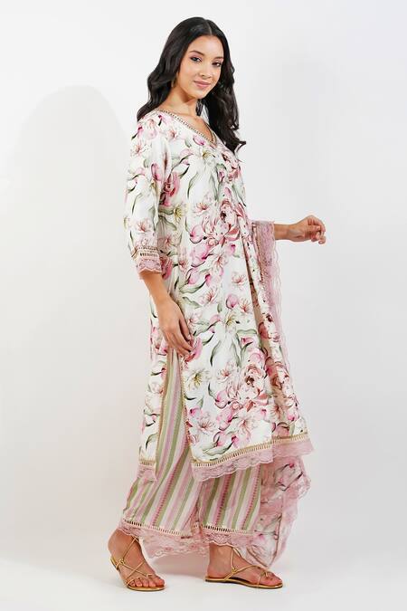 Devyani Mehrotra_Ivory Viscose, Chiffon Sequins, Lace V-neck Floral Print Kurta Set_Online_at_Aza_Fashions