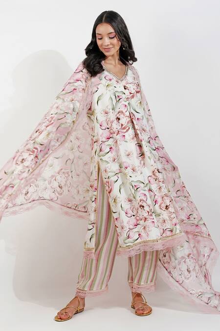 Shop_Devyani Mehrotra_Ivory Viscose, Chiffon Sequins, Lace V-neck Floral Print Kurta Set