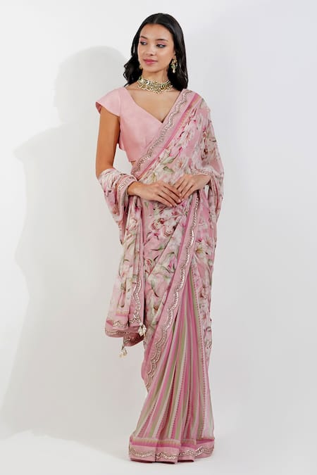 Devyani Mehrotra Floral Stripe Print Saree With Unstitched Blouse Piece 