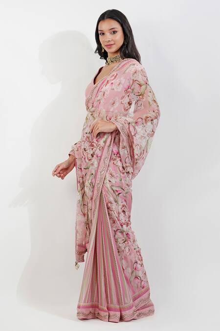 Buy_Devyani Mehrotra_Pink Muslin, Viscose Floral Stripe Print Saree With Unstitched Blouse Piece_Online_at_Aza_Fashions