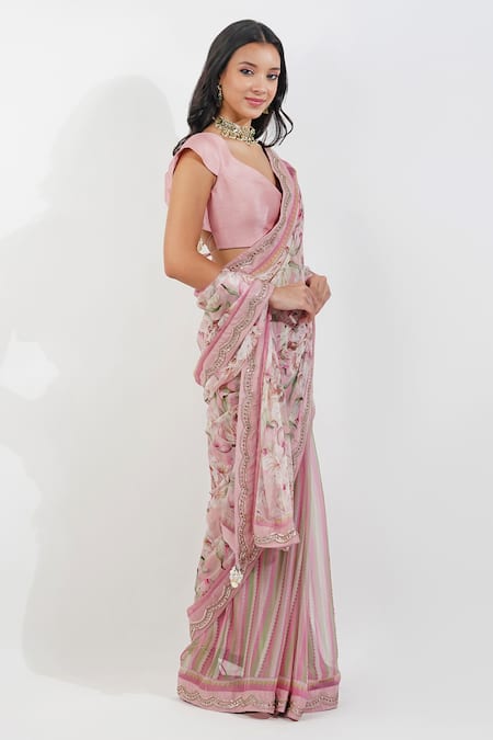 Devyani Mehrotra_Pink Muslin, Viscose Floral Stripe Print Saree With Unstitched Blouse Piece_at_Aza_Fashions