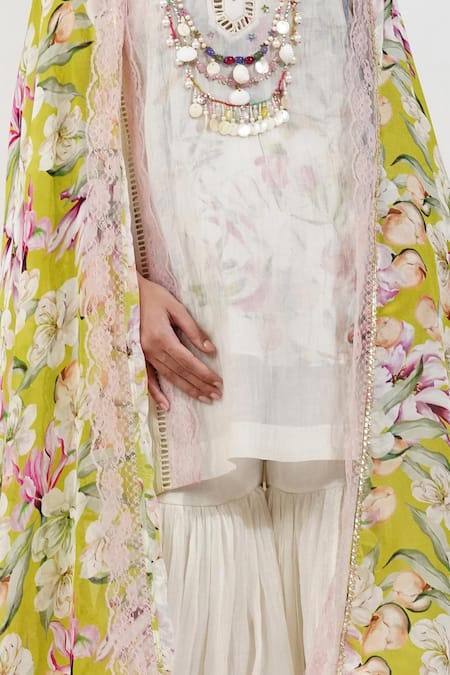 Devyani Mehrotra Ivory Viscose Chiffon Printed Floral Mandarin Collar Shabby Kurta Gharara Set Online at Aza Fashions Devyani Mehrotra_Ivory Viscose Chiffon Printed Floral Mandarin Collar Shabby Kurta Gharara Set_Online_at_Aza_Fashions