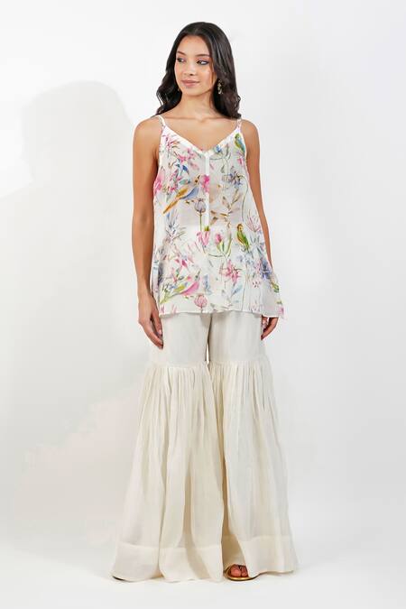 Shop Devyani Mehrotra Ivory Viscose Chiffon Printed Floral Mandarin Collar Shabby Kurta Gharara Set Online at Aza Fashions Shop_Devyani Mehrotra_Ivory Viscose Chiffon Printed Floral Mandarin Collar Shabby Kurta Gharara Set_Online_at_Aza_Fashions