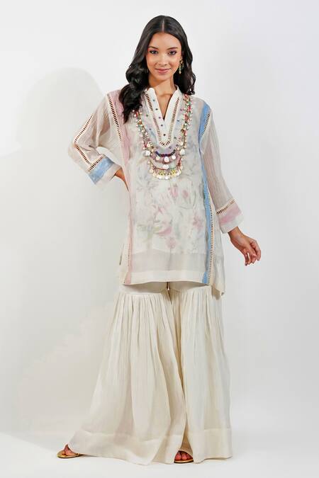 Devyani Mehrotra Ivory Viscose Chiffon Printed Floral Mandarin Collar Shabby Kurta Gharara Set at Aza Fashions Devyani Mehrotra_Ivory Viscose Chiffon Printed Floral Mandarin Collar Shabby Kurta Gharara Set_at_Aza_Fashions