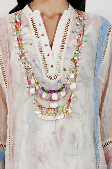 Shop Devyani Mehrotra Ivory Viscose Chiffon Printed Floral Mandarin Collar Shabby Kurta Gharara Set Shop_Devyani Mehrotra_Ivory Viscose Chiffon Printed Floral Mandarin Collar Shabby Kurta Gharara Set