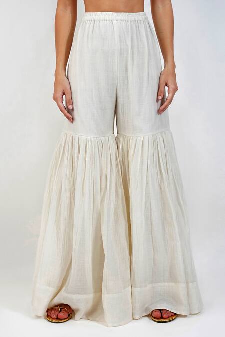 Devyani Mehrotra_Ivory Chanderi Embroidery, Lace Mandarin Shabby Floral Print Kurta And Gharara Set_Online_at_Aza_Fashions