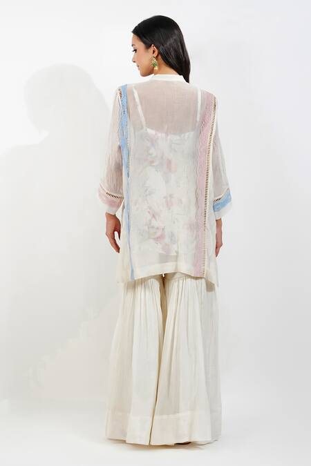 Shop_Devyani Mehrotra_Ivory Chanderi 40 Gms Printed Floral Mandarin Collar Tunic_at_Aza_Fashions