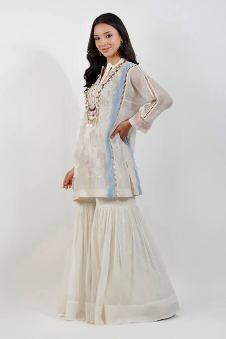 Devyani Mehrotra_Ivory Chanderi 40 Gms Printed Floral Mandarin Collar Tunic_Online_at_Aza_Fashions