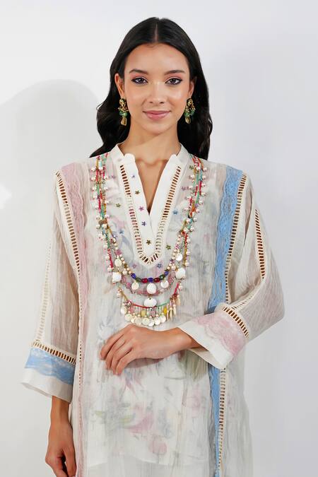Buy_Devyani Mehrotra_Ivory Chanderi 40 Gms Printed Floral Mandarin Collar Tunic_Online_at_Aza_Fashions