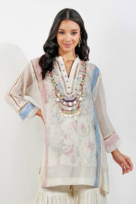 Devyani Mehrotra_Ivory Chanderi 40 Gms Printed Floral Mandarin Collar Tunic_at_Aza_Fashions