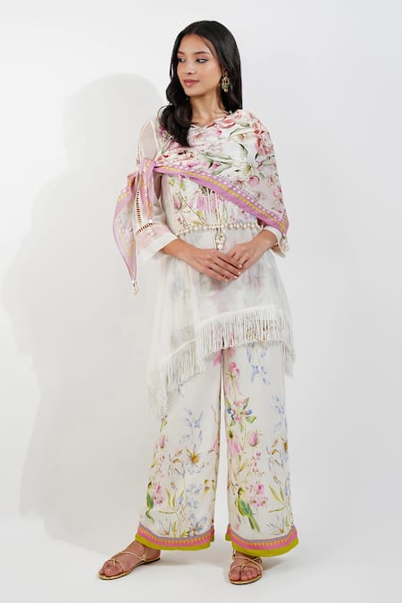 Devyani Mehrotra Ivory Chanderi Printed Summer Floral Keyhole Kurta And Flared Pant Set 