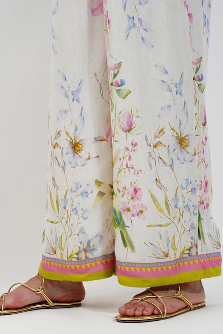 Devyani Mehrotra_Ivory Chanderi, Muslin Embroidery Summer Floral Print Kurta And Flared Pant Set_Online_at_Aza_Fashions