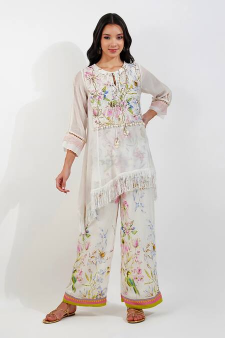 Shop_Devyani Mehrotra_Ivory Chanderi, Muslin Embroidery Summer Floral Print Kurta And Flared Pant Set_Online_at_Aza_Fashions