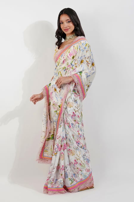 Devyani Mehrotra_Ivory Crepe Lace Summer Floral Print Saree With Unstitched Blouse Piece_Online_at_Aza_Fashions