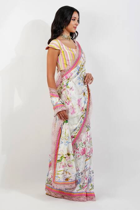 Buy_Devyani Mehrotra_Ivory Crepe Lace Summer Floral Print Saree With Unstitched Blouse Piece_Online_at_Aza_Fashions