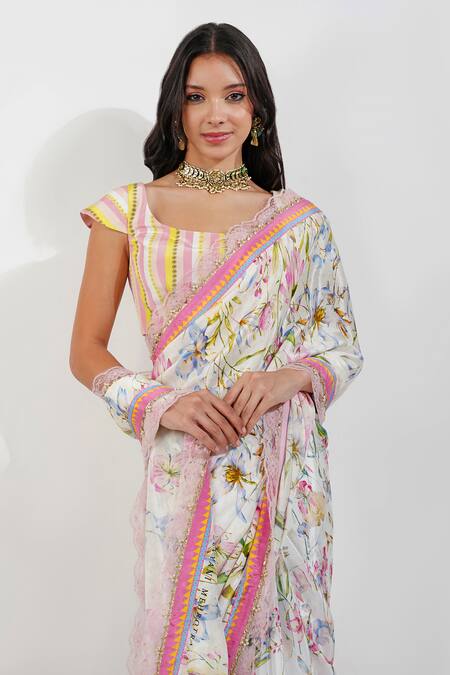 Shop_Devyani Mehrotra_Ivory Crepe Lace Summer Floral Print Saree With Unstitched Blouse Piece_Online_at_Aza_Fashions
