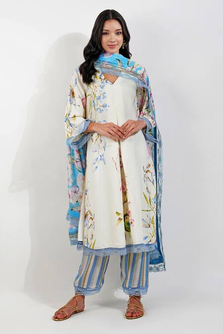 Shop Devyani Mehrotra Ivory Viscose, Chiffon Lace, Sequins V-neck Summer Floral Print Kurta Pant Set at Aza Fashions Shop_Devyani Mehrotra_Ivory Viscose, Chiffon Lace, Sequins V-neck Summer Floral Print Kurta Pant Set_at_Aza_Fashions