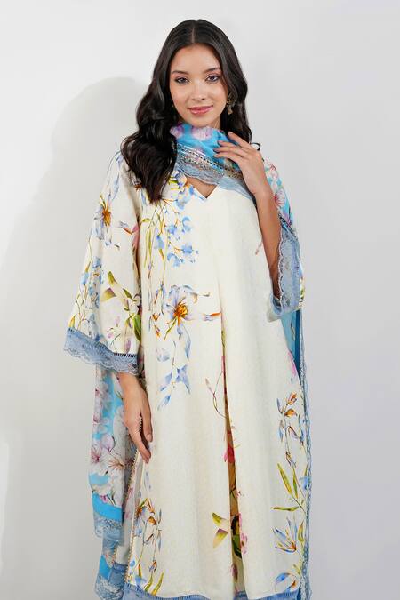 Devyani Mehrotra Ivory Viscose, Chiffon Lace, Sequins V-neck Summer Floral Print Kurta Pant Set Online at Aza Fashions Devyani Mehrotra_Ivory Viscose, Chiffon Lace, Sequins V-neck Summer Floral Print Kurta Pant Set_Online_at_Aza_Fashions