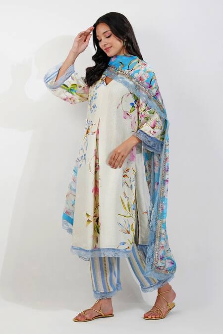 Buy Devyani Mehrotra Ivory Viscose, Chiffon Lace, Sequins V-neck Summer Floral Print Kurta Pant Set Online at Aza Fashions Buy_Devyani Mehrotra_Ivory Viscose, Chiffon Lace, Sequins V-neck Summer Floral Print Kurta Pant Set_Online_at_Aza_Fashions