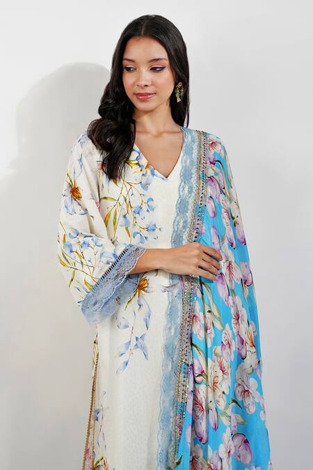 Buy Devyani Mehrotra Ivory Viscose, Chiffon Lace, Sequins V-neck Summer Floral Print Kurta Pant Set Buy_Devyani Mehrotra_Ivory Viscose, Chiffon Lace, Sequins V-neck Summer Floral Print Kurta Pant Set