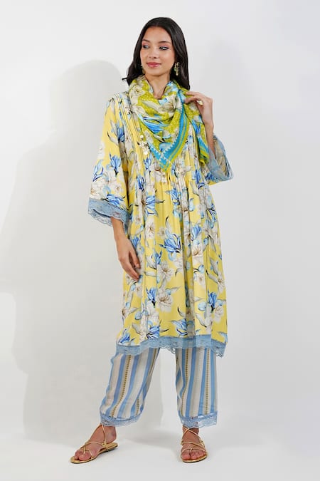 Devyani Mehrotra Yellow Viscose Muslin Printed Floral Keyhole Flirty Pleats Tunic And Pant Set 