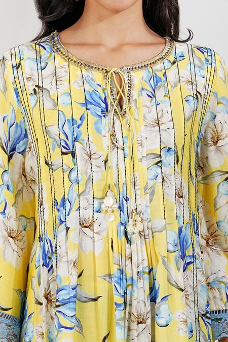 Buy_Devyani Mehrotra_Yellow Viscose, Muslin Embroidery, Flirty Pleats Floral Print Tunic And Pant Set_Online_at_Aza_Fashions