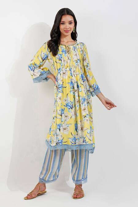 Shop_Devyani Mehrotra_Yellow Viscose, Muslin Embroidery, Flirty Pleats Floral Print Tunic And Pant Set_Online_at_Aza_Fashions