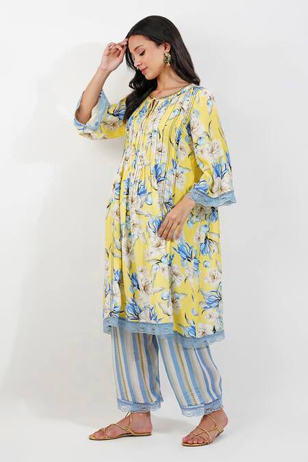 Devyani Mehrotra_Yellow Viscose, Muslin Embroidery, Flirty Pleats Floral Print Tunic And Pant Set_at_Aza_Fashions