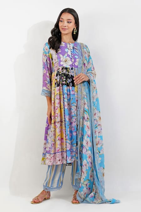 Devyani Mehrotra Multi Color Viscose Chiffon Printed Floral Patchwork Shabby Anarkali Set 