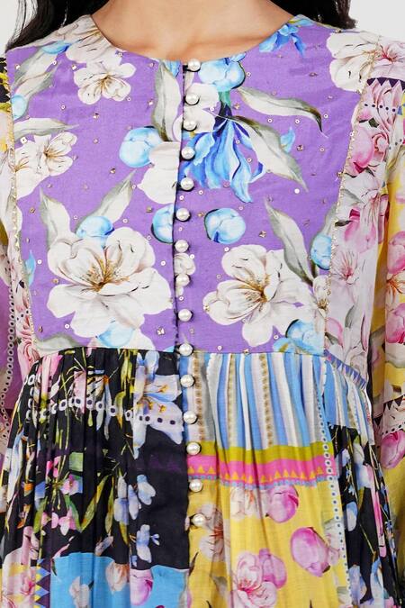Devyani Mehrotra_Multi Color Viscose Chiffon Printed Floral Patchwork Shabby Anarkali Set_Online_at_Aza_Fashions