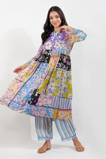 Buy_Devyani Mehrotra_Multi Color Viscose Chiffon Printed Floral Patchwork Shabby Anarkali Set_Online_at_Aza_Fashions