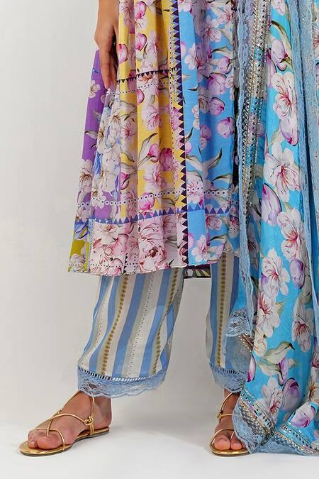 Shop_Devyani Mehrotra_Multi Color Viscose Chiffon Printed Floral Patchwork Shabby Anarkali Set_Online_at_Aza_Fashions