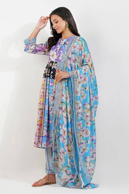 Devyani Mehrotra_Multi Color Viscose Chiffon Printed Floral Patchwork Shabby Anarkali Set_at_Aza_Fashions