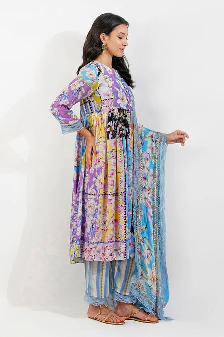 Buy_Devyani Mehrotra_Multi Color Viscose Chiffon Printed Floral Patchwork Shabby Anarkali Set
